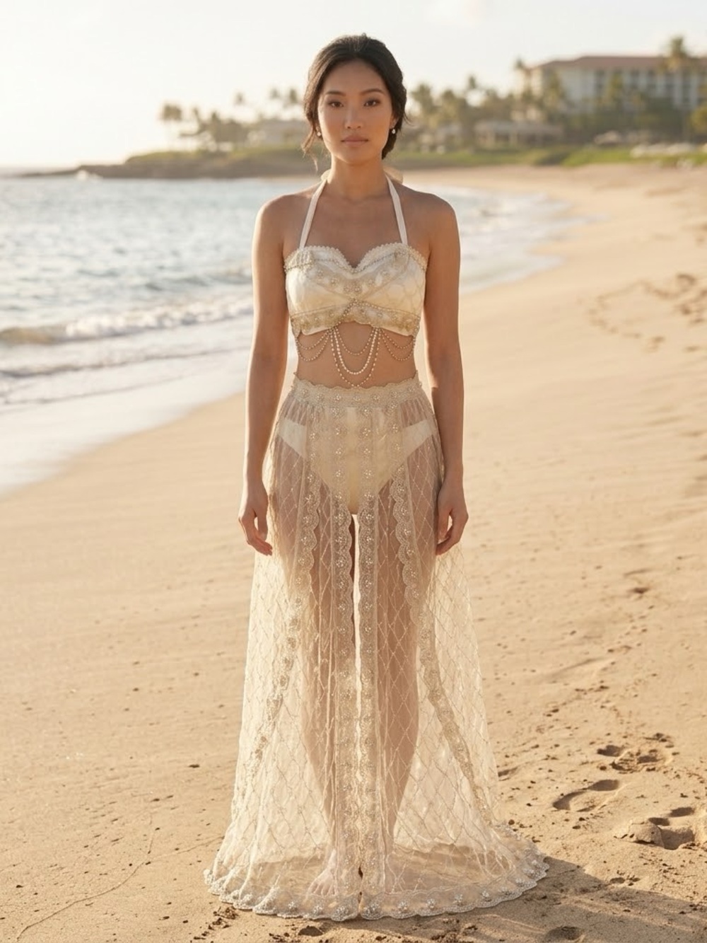 Bohemian Ivory Pearl Lace Halter Top & Sheer Mesh Overskirt Two-Piece Set Costum